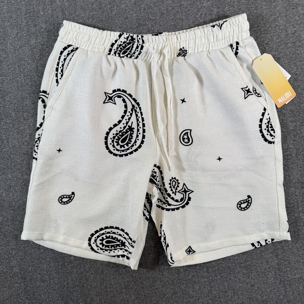 Malibu Shorts Mens Medium White Black Paisley Textured Linen Look Drawstring